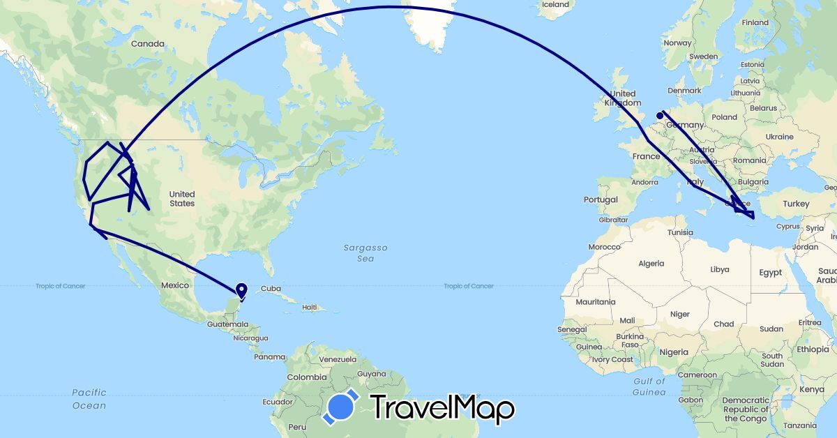 TravelMap itinerary: driving in France, United Kingdom, Greece, Italy, Mexico, Netherlands, United States (Europe, North America)